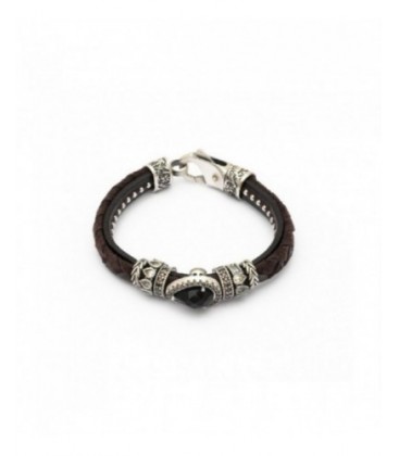 Pulsera de plata y cuero con onix. - MOK-04