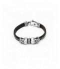 Pulsera de plata y cuero con calaveras. - SKS141